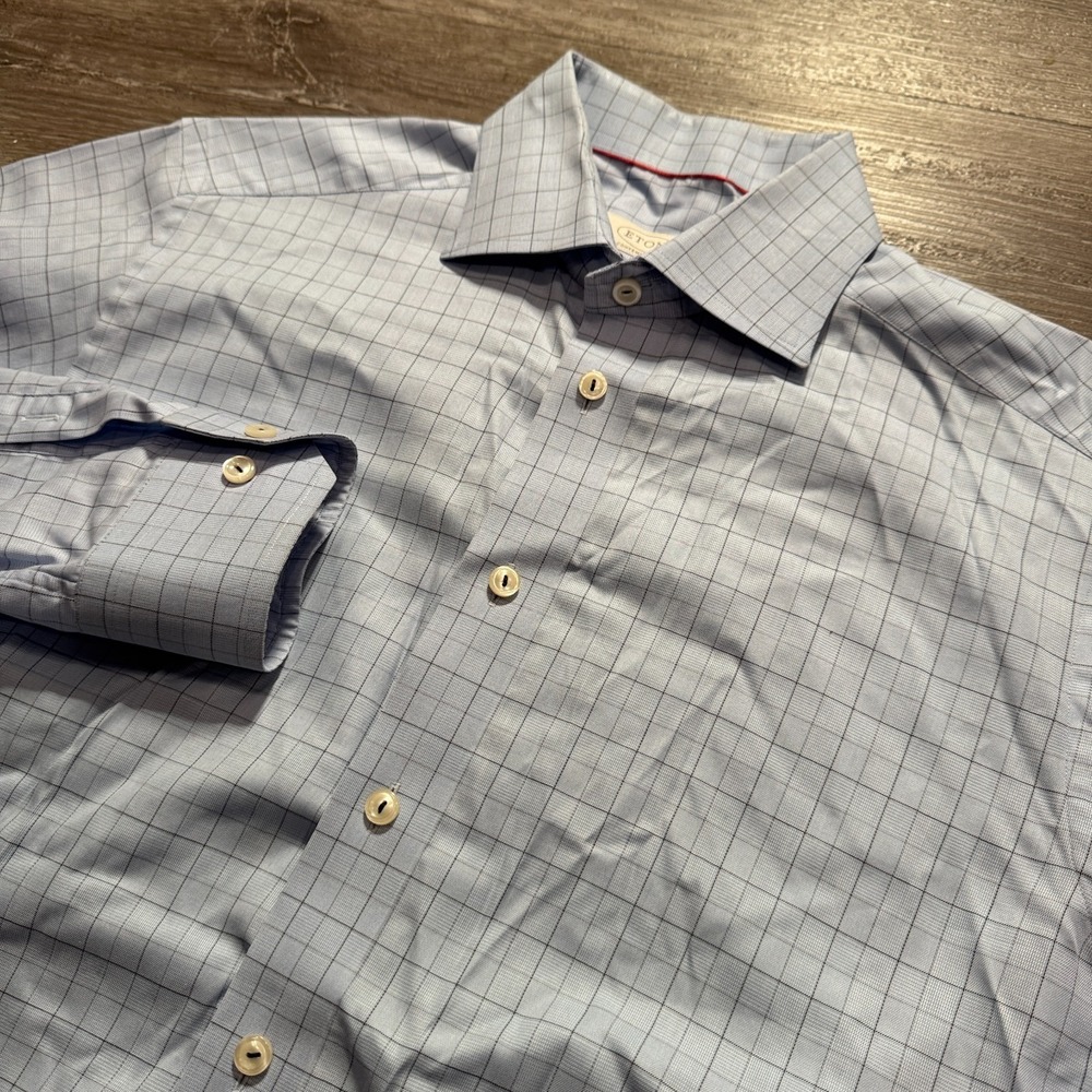 ETON Shirt Men 15.5 39 Blue 100% Cotton Windowpane Contemporary Fit Dress Luxury